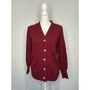 Loft Burgundy Long Sleeve V-Neck Cable Knit Cardigan With Pockets Size S